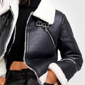 Aviator faux leather and white Sherpa jacket